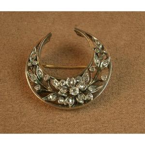 18k Gold, Silver And Diamond Crescent Moon Brooch, 19th Century 
