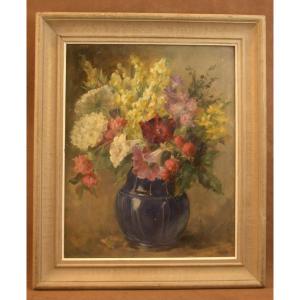 Painting, Oil On Cardboard By Marcelle Bonnardel, Lyon School, Still Life With Flowers