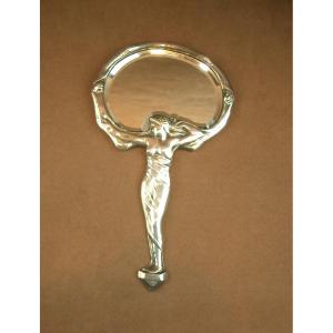 Art Nouveau Hand Mirror In Silvered Bronze, Signed Jampolsky