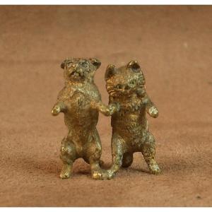 Small Bronze Sculpture From Vienna, Dog And Cat 