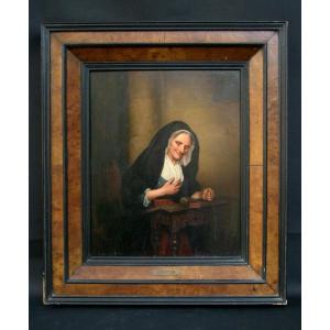 Painting, Oil On Panel, Flemish School, 19th Century, Portrait Of A Lady In Prayer, Signed Shouten