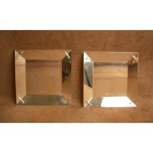 Pair Of Small Square Silver-plated Metal Trays By Christofle