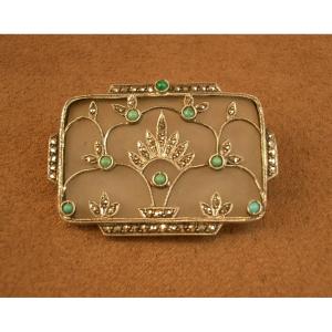 Art Deco Brooch In Silver, Rock Crystal And Turquoise By Theodor Fahrner
