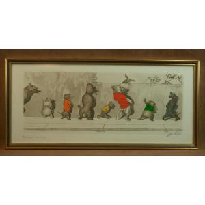 Humorous Engraving Of Dogs "down With The Curious" By Arthur Boris Klein, Known As O'klein (1893-1985)