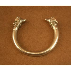 Arthus Bertrand Solid Silver Bangle Bracelet With Two Ibex Heads