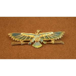 Art Nouveau Brooch In Vermeil And Plique-à-jour Enamel With An Egyptian Revival Eagle Design 