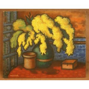 Oil Painting Still Life With A Bouquet Of Mimosas By André Mioche, Known As "miauch" (1907-1995) 