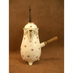 Porcelain Chocolate Pot Decorated With Scattered Roses, Signed Henri Schmitt Vittel