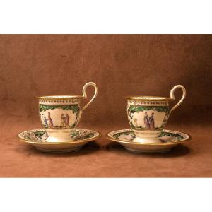 Two Limoges Porcelain Coffee Cups, Raynaud, Promenade Au Palais Royal