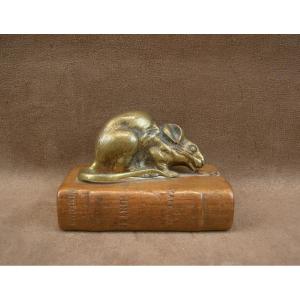Louis Carvin, Bronze Mouse Nibbling A Book, Antique Bronze Sculpture