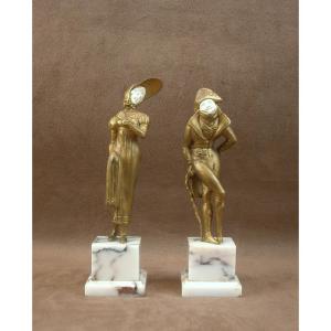 Couple d'élégants , Chryselephantine Sculptures Circa 1930 Signed Degrange