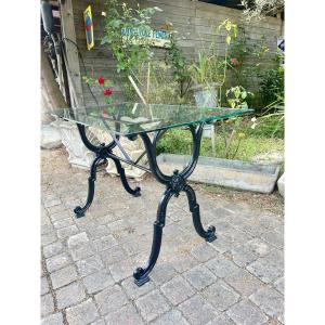 1950s Cast Iron Bistro Table With Glass Top