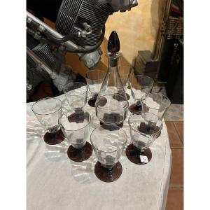 Set Of 9 Art Deco Wine Glasses And Carafe 