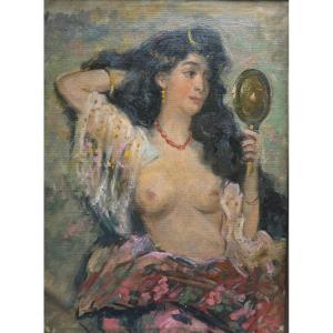 Emile Baes (?) - Elegant Nude Women With A Mirror 