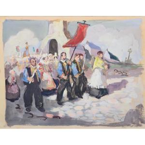 Eugène De Bie (1914-1983) - Procession In Brittany - Drawing