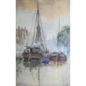 Flori Van Acker (1858-1940) - Boats Moored In A Canal In Bruges - Watercolor