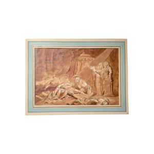 French School - 18th Century - Drawing - Ancient Battle Scene - Brown Ink Wash