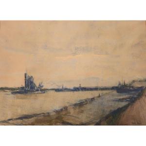 Ferdinand Leys - The Dredger - Nieuport - Watercolor Drawing - Belgian Impressionism