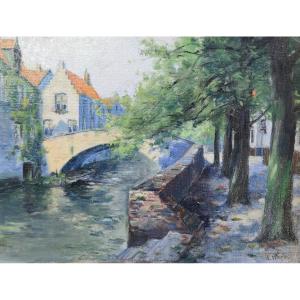 Stanislas Warnie (1879-1958) - Bank Of A Canal In Bruges - Oil Painting On Panel