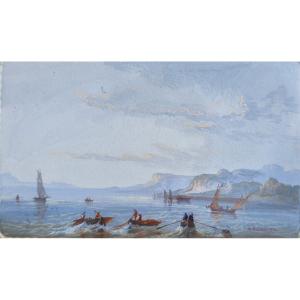C. River (19th Century), Boats Along The Coast, Miniature, Watercolor 
