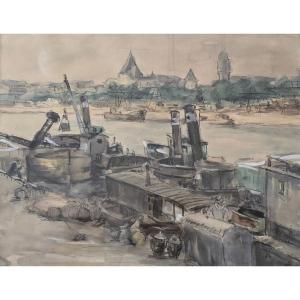 To Be Identified - Vink ? - 1947 - Paris - View Of The Seine And Its Boats - Watercolor Drawing