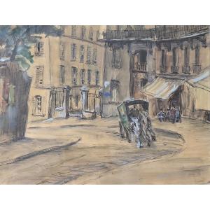 To Be Identified - Vink ? - 1947 - Paris - View Of A Street With A Horse-drawn Carriage - Watercolor Drawing