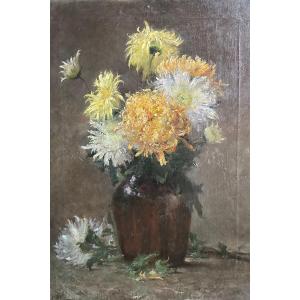 Léopold Muller (1879-1961) - Still Life With Chrysanthemums - Flowers - Oil On Canvas