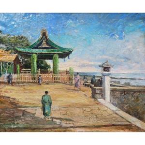 Antal Grosz (1912-1945) , Japanese Temple Landscape, Japan , Oil On Canvas