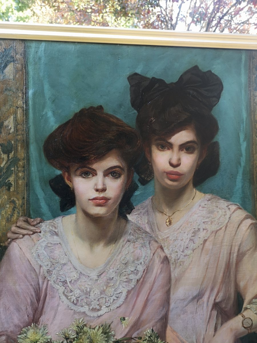 pittura olio su tela firmato Lohr F. pittore Ungherese raffiguranti due giovani ragazze.-photo-3