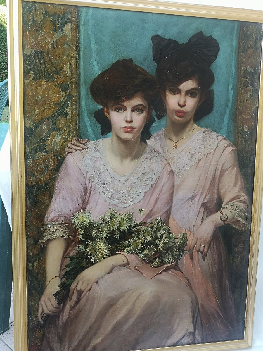 pittura olio su tela firmato Lohr F. pittore Ungherese raffiguranti due giovani ragazze.