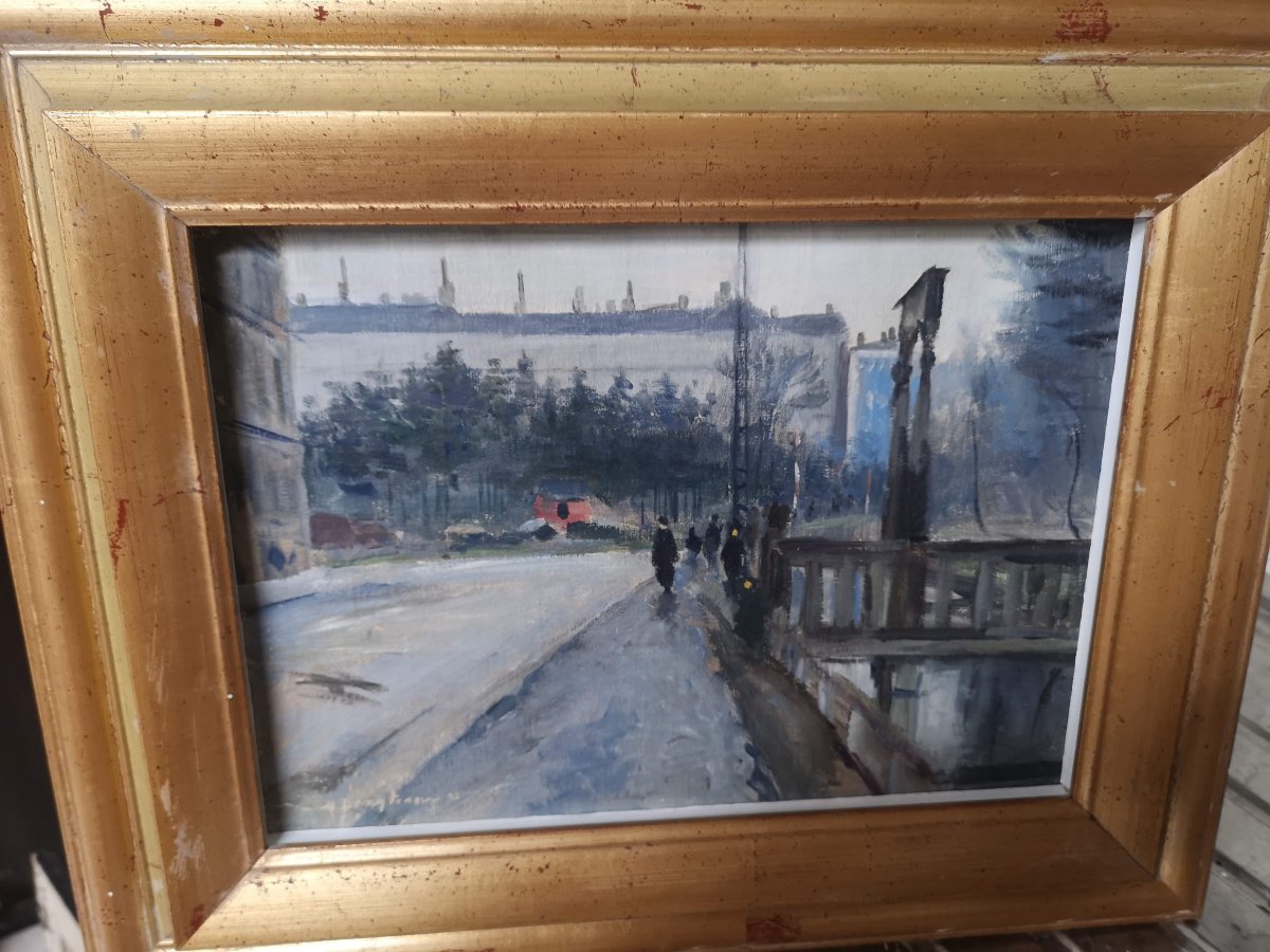 Dipinto olio su cartone di una strada di Parigi nei primi del 900