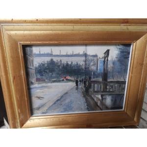 Dipinto olio su cartone di una strada di Parigi nei primi del 900
