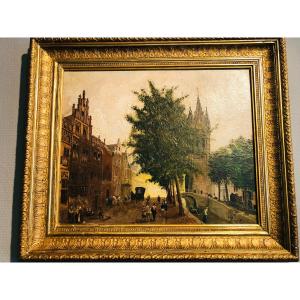 View Of A City In Belgium(?), Oil On Canvas, 19th Century