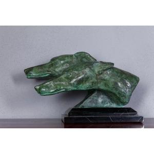 Bronze Figure Depicting Two Greyhound Heads, Art Deco Ca. 1920/30