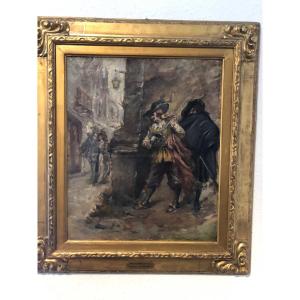 An Old 19th Century Oil Painting Depicting Musketeers