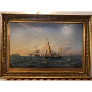 Very Large Oil On Canvas Marine Painting In An Ore Wood Frame, 19th Century