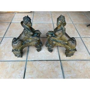 A Pair Of Gilded Bronze Fire Dogs (mercury), Louis XV