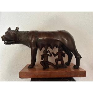 Bronze Statuette Of The "capitoline She-wolf" On A Red Marble Base, 19th Cenbtury