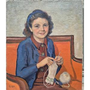 Portrait Of A Young Girl Knitting From The 1940s