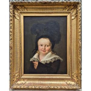 Portrait Of A Child From The Mid-19th Century, With A Feathered Hat.