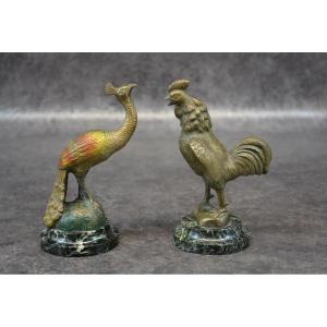 Pair Of Bronze Rooster And Peacock