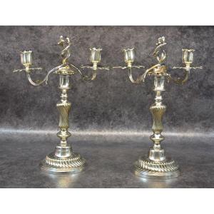 Pair Of Candlestick / Torch In Silver Bronze