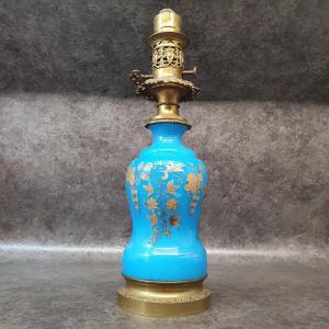 19th Century Blue Opaline Oil Lamp