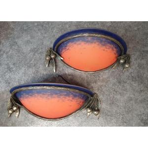 Pair Of Glass Paste And Wrought Iron Wall Lights