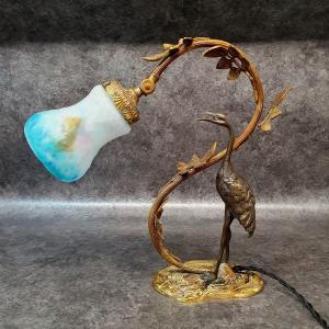 Heron Bronze And Glass Paste Lamp Muller Freres Lunéville