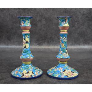 Pair Of Longwy Enamel Candlesticks