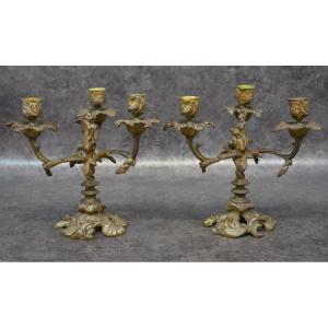 Pair Of 3-light Bronze Chandeliers In The Louis XV Style