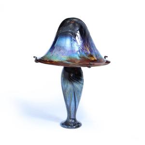 Large French Iridescent Art Glass Mushroom Lamp, Signed