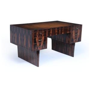 Italian Art Deco Desk In Macassar Ebony With Leather Top, Circa 1950