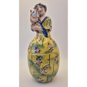 "elegant With A Small Dog," Polychrome Enameled Porcelain Box, Signed. Vals-france